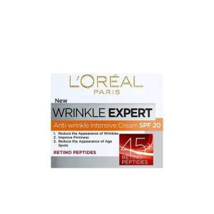 کرم ضد چروک روز رتینول +45 لورال Loreal spf20 مناسب برای سن بالای 45 سال و حاوی پپتید رتینول جهت افزایش صافی و سفتی پوست و مقابله با چین و چروک ها و علائم افزایش سن می‌باشد.
