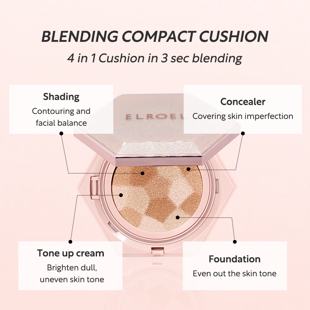 کوشن 4 کاره ELROEL، ترکیبی برنده 2 elroel blending compact cushion kbeauty 4in1 compact foundation uk jpg